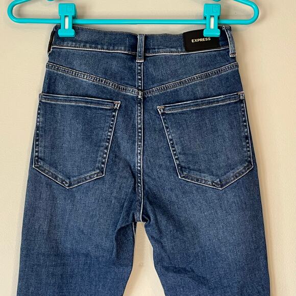 Express Medium Wash Distressed Super High Rise Skinny Jean Size 00R - Picture 7 of 13